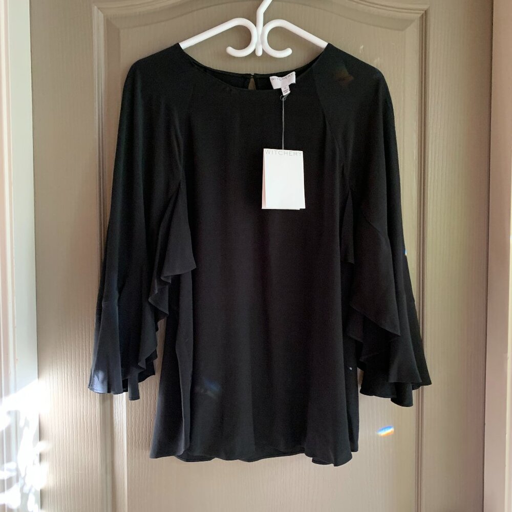 Witchery Grey Steel Flutter Sleeve Blouse Size 12 – 100% Viscose, Flowy & Chic